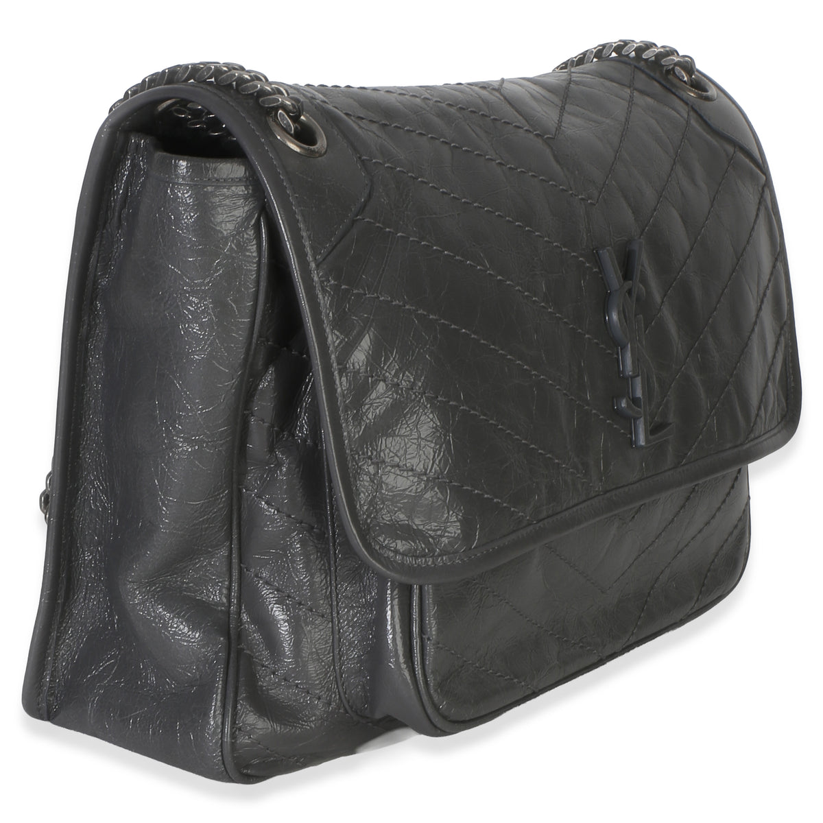 Saint Laurent Grey Crinkled Calfskin Matelasse Large Niki Chain Satchel Handbag 3