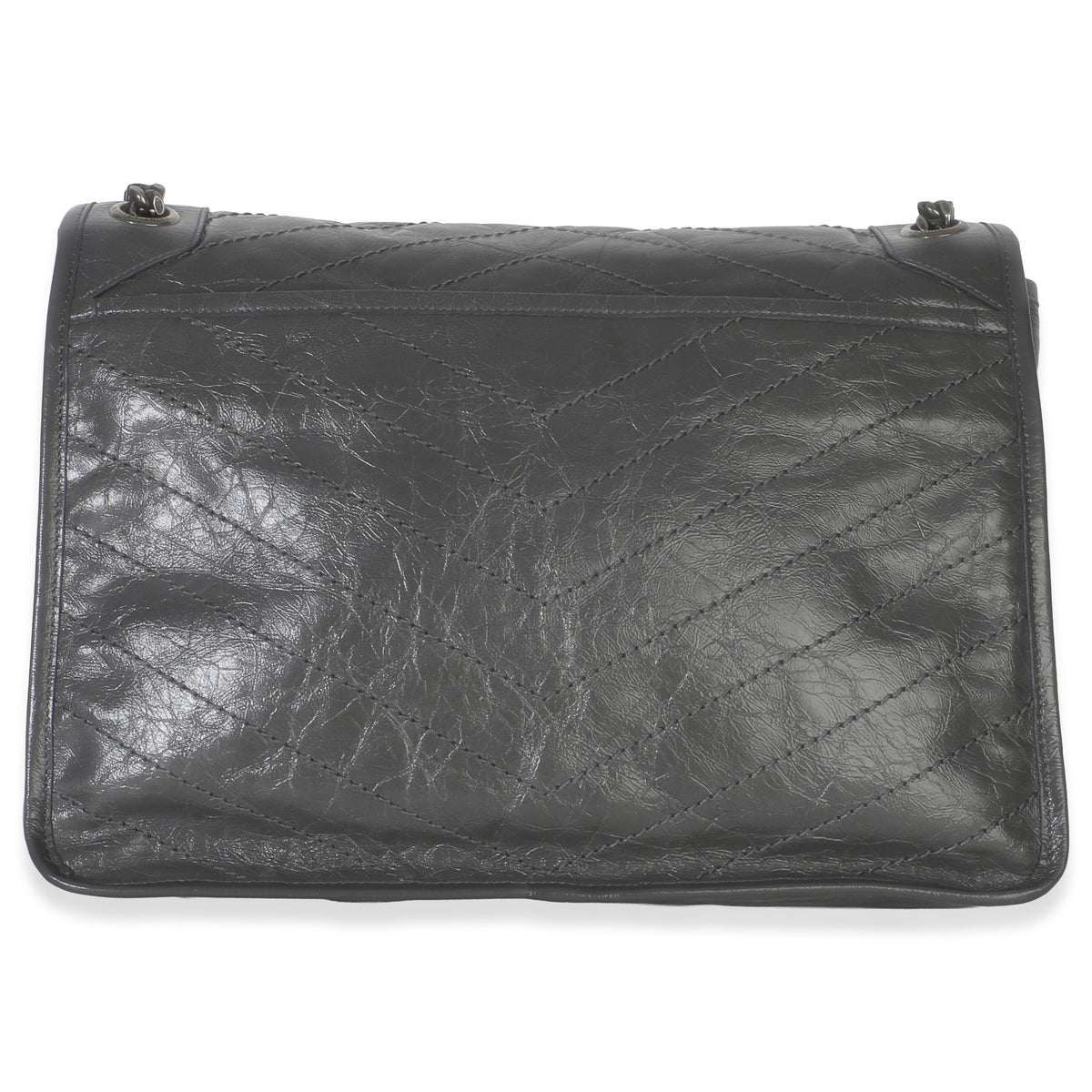 Saint Laurent Grey Crinkled Calfskin Matelasse Large Niki Chain Satchel Handbag 4