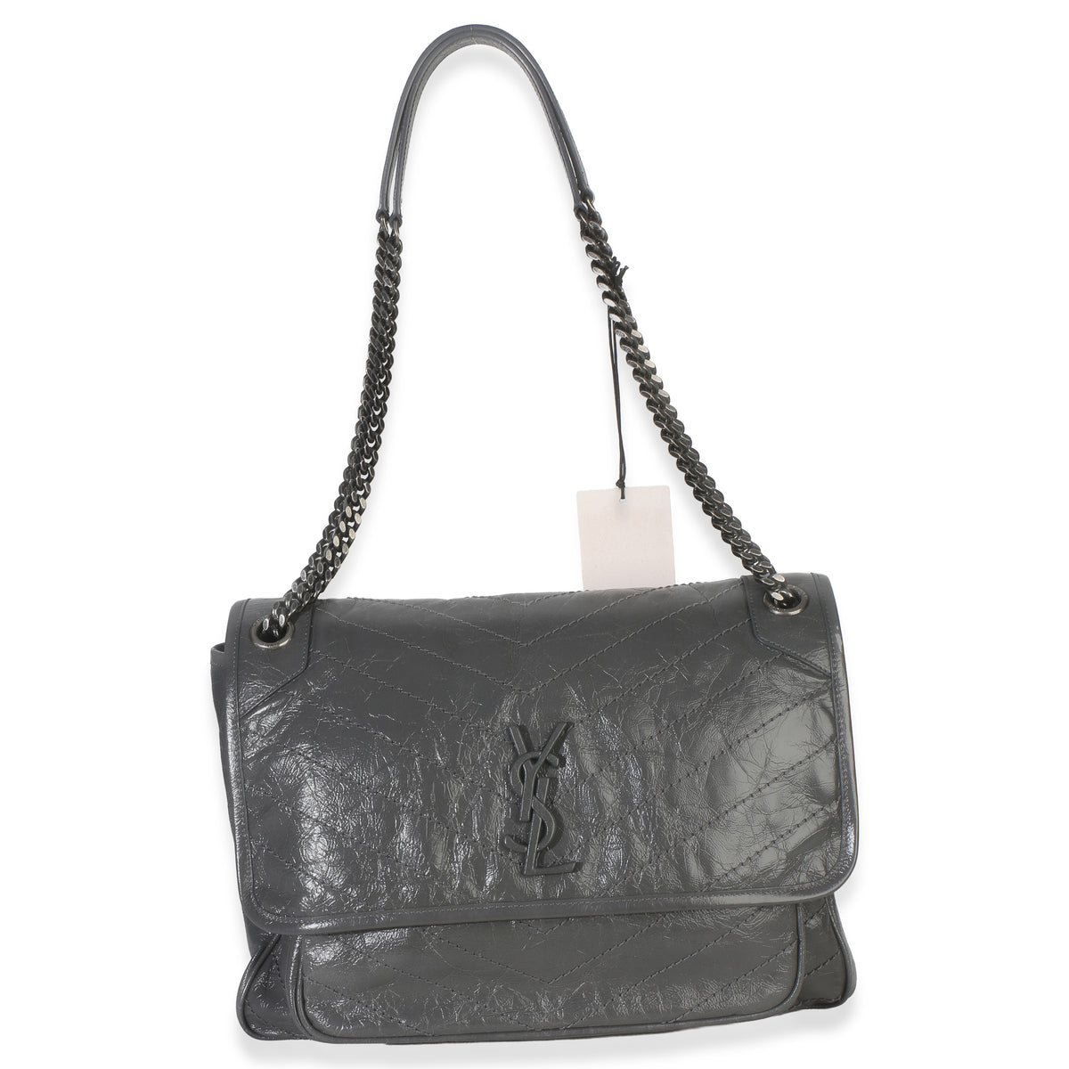 Saint Laurent Grey Crinkled Calfskin Matelasse Large Niki Chain Satchel Handbag 8