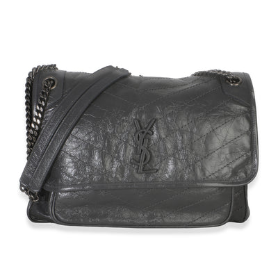 Saint Laurent Grey Crinkled Calfskin Matelasse Large Niki Chain Satchel Handbag fv