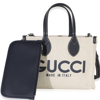 Gucci Navy Canvas Calfskin Logo Print Mini Tote Handbag id