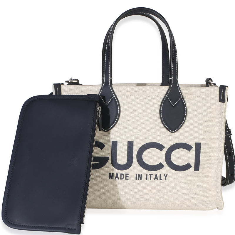 Gucci Navy Canvas Calfskin Logo Print Mini Tote Handbag id