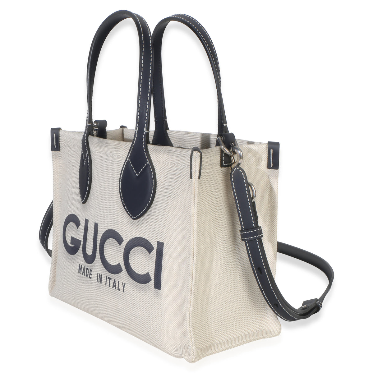 Gucci Navy Canvas Calfskin Logo Print Mini Tote Handbag 2