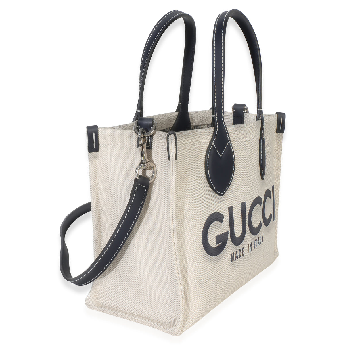 Gucci Navy Canvas Calfskin Logo Print Mini Tote Handbag 3