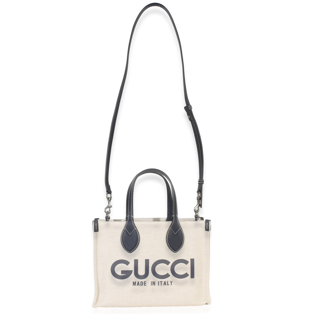 Gucci Navy Canvas Calfskin Logo Print Mini Tote Handbag 8