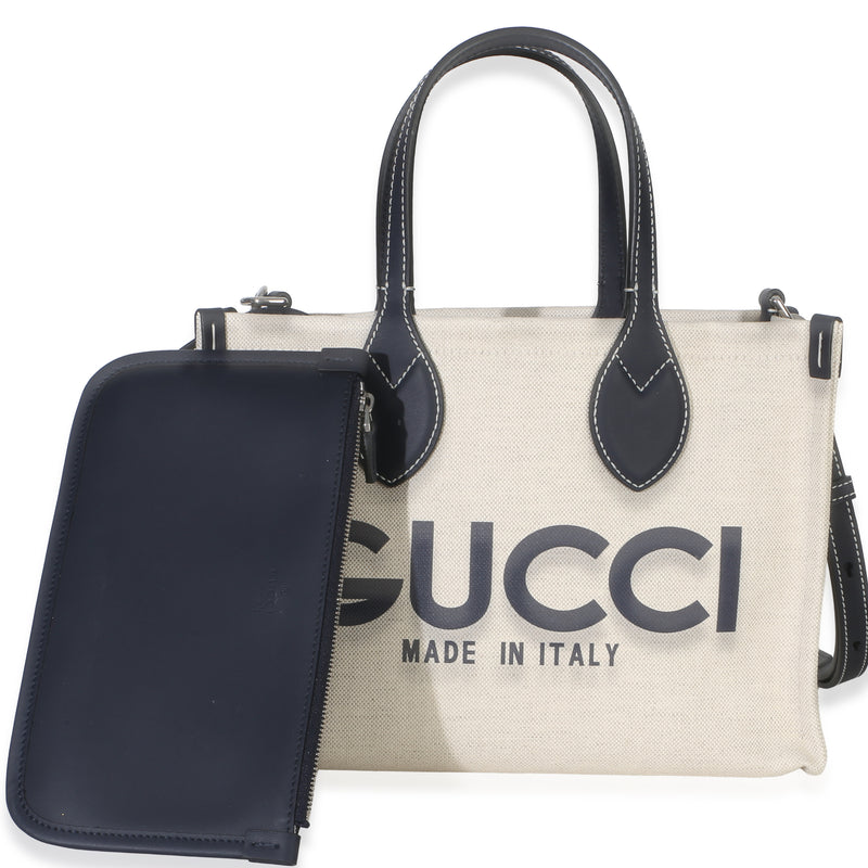 Gucci Navy Canvas Calfskin Logo Print Mini Tote Handbag fv