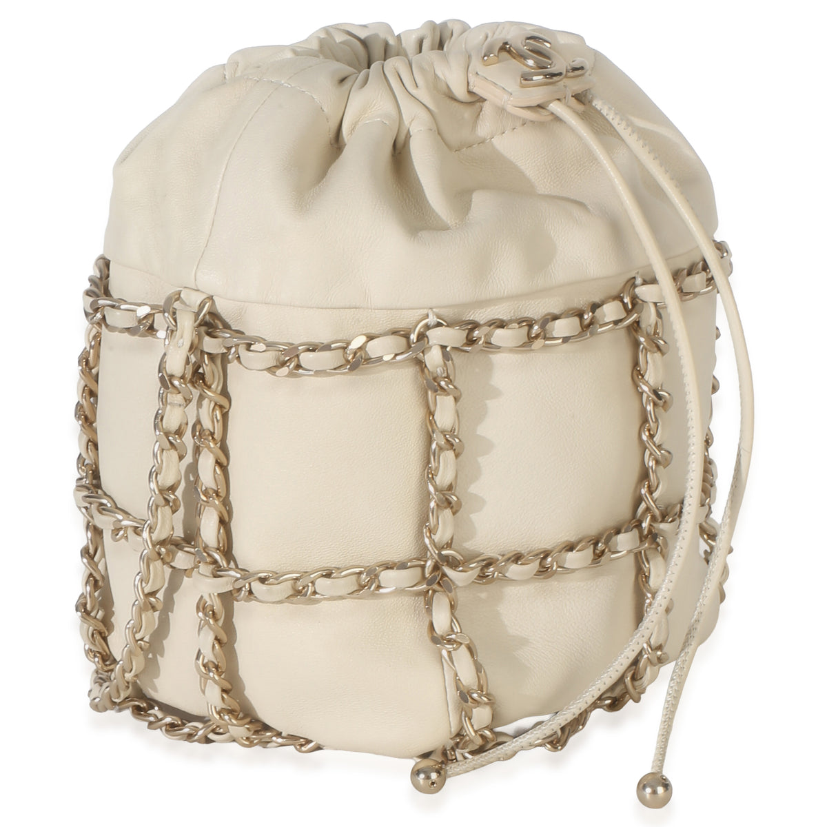 Chanel White Lambskin Chain Frame Drawstring Bucket Bag Handbag 3