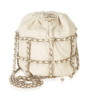 Chanel White Lambskin Chain Frame Drawstring Bucket Bag Handbag fv