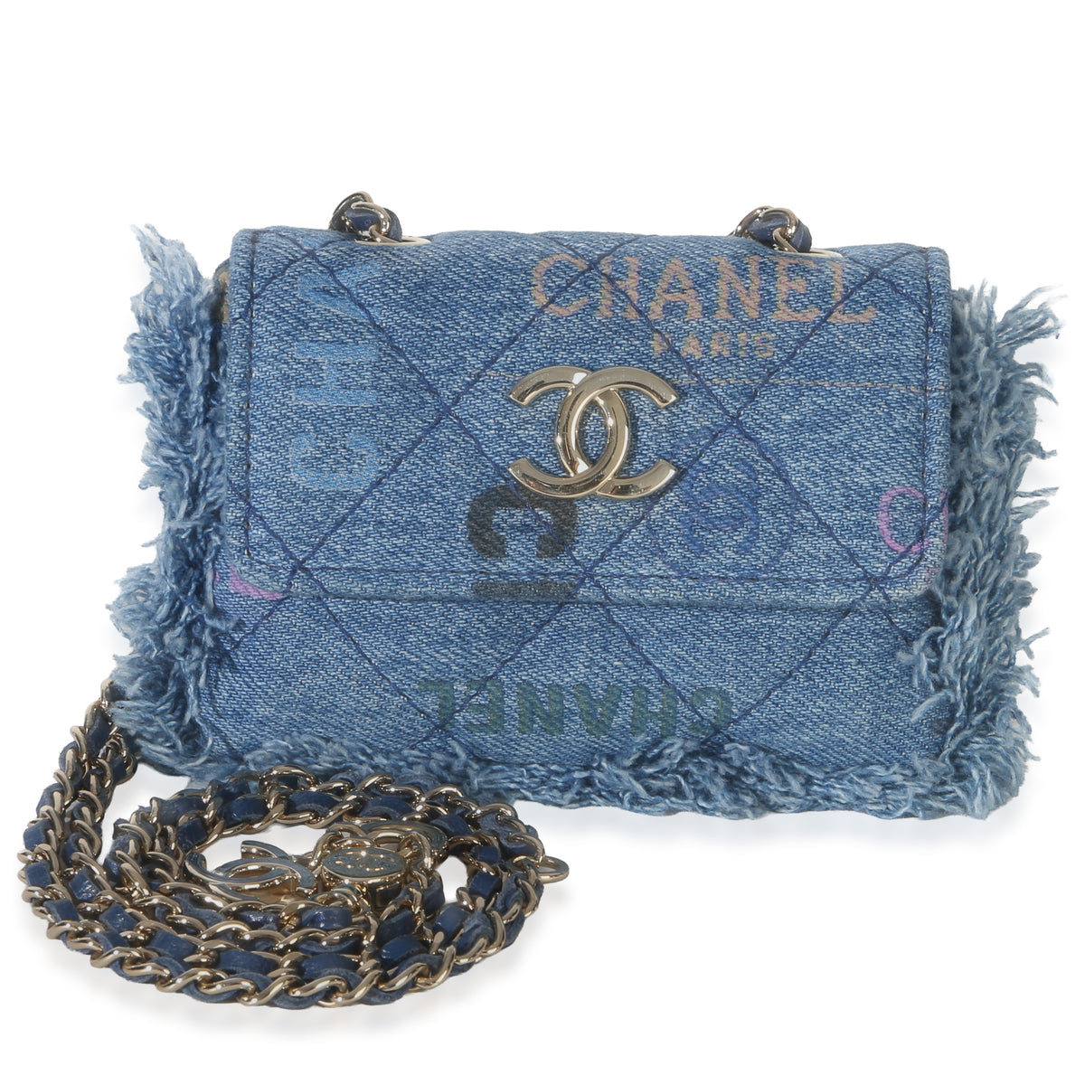 Chanel Blue Quilted Denim Denim Mood Clutch With Chain Handbag fv