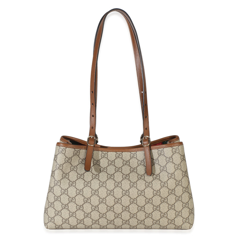 Gucci Beige Brown GG Supreme Canvas Emblem Medium Tote Handbag id