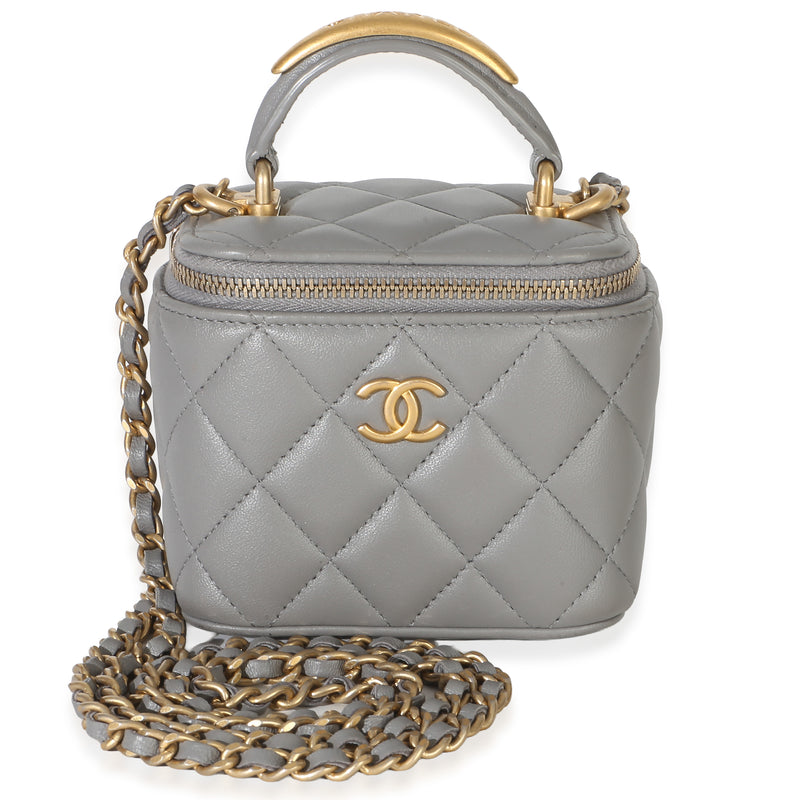 Chanel Grey Quilted Lambskin Metal Top Handle Mini Vanity Case Handbag id