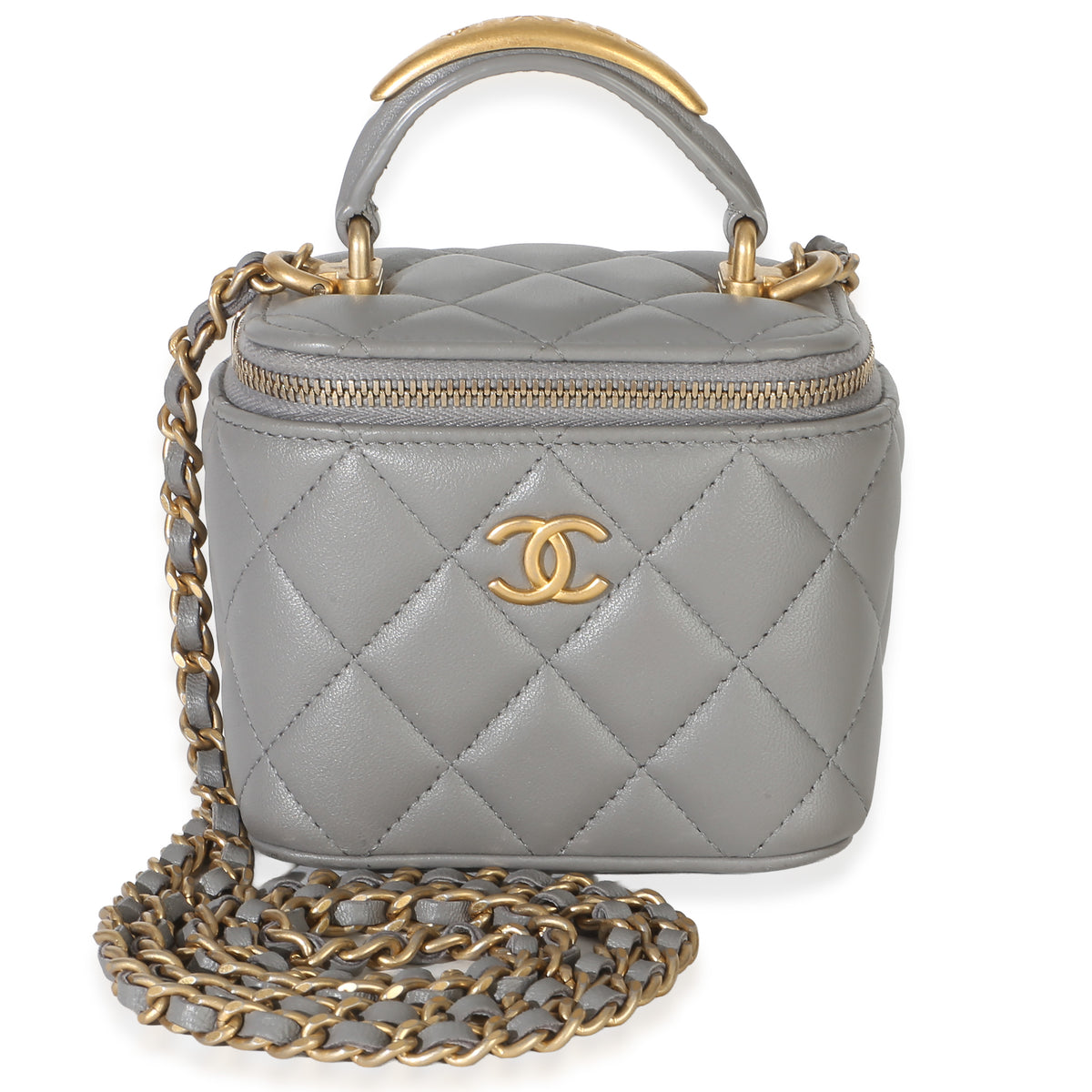 Chanel Grey Quilted Lambskin Metal Top Handle Mini Vanity Case Handbag id