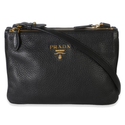 Prada Black Vitello Phenix Double Zip Crossbody Bag Handbag fv