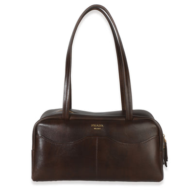 Prada Cocoa Brown Antiqued Calfskin Large Carry Shoulder Bag Handbag fv