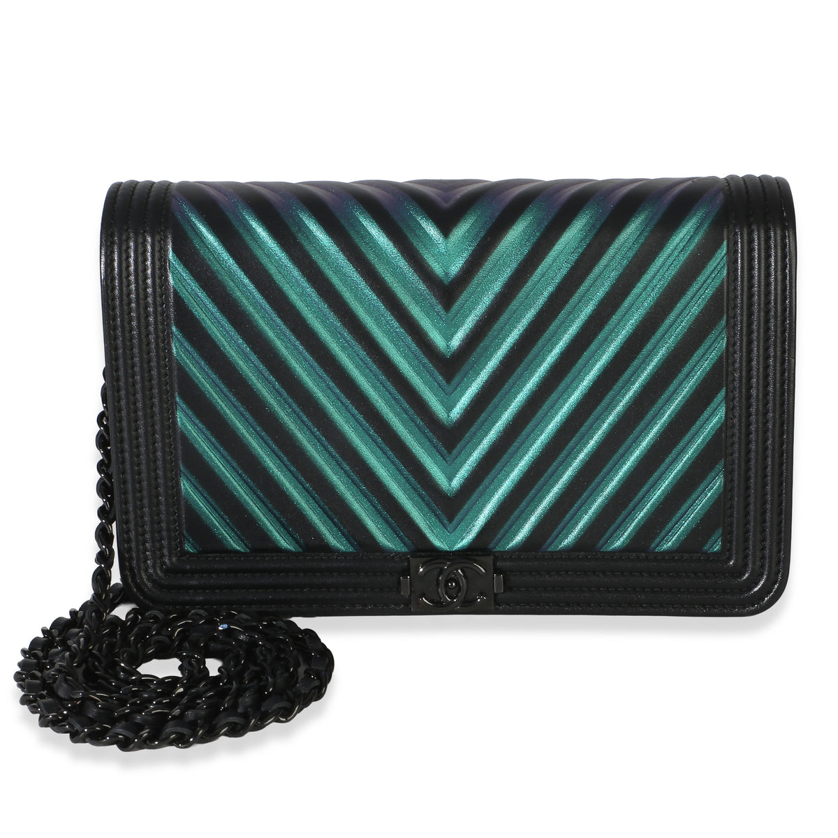 Chanel Black Blue Iridescent Painted Chevron Lambskin Boy Wallet On Chain Handbag id