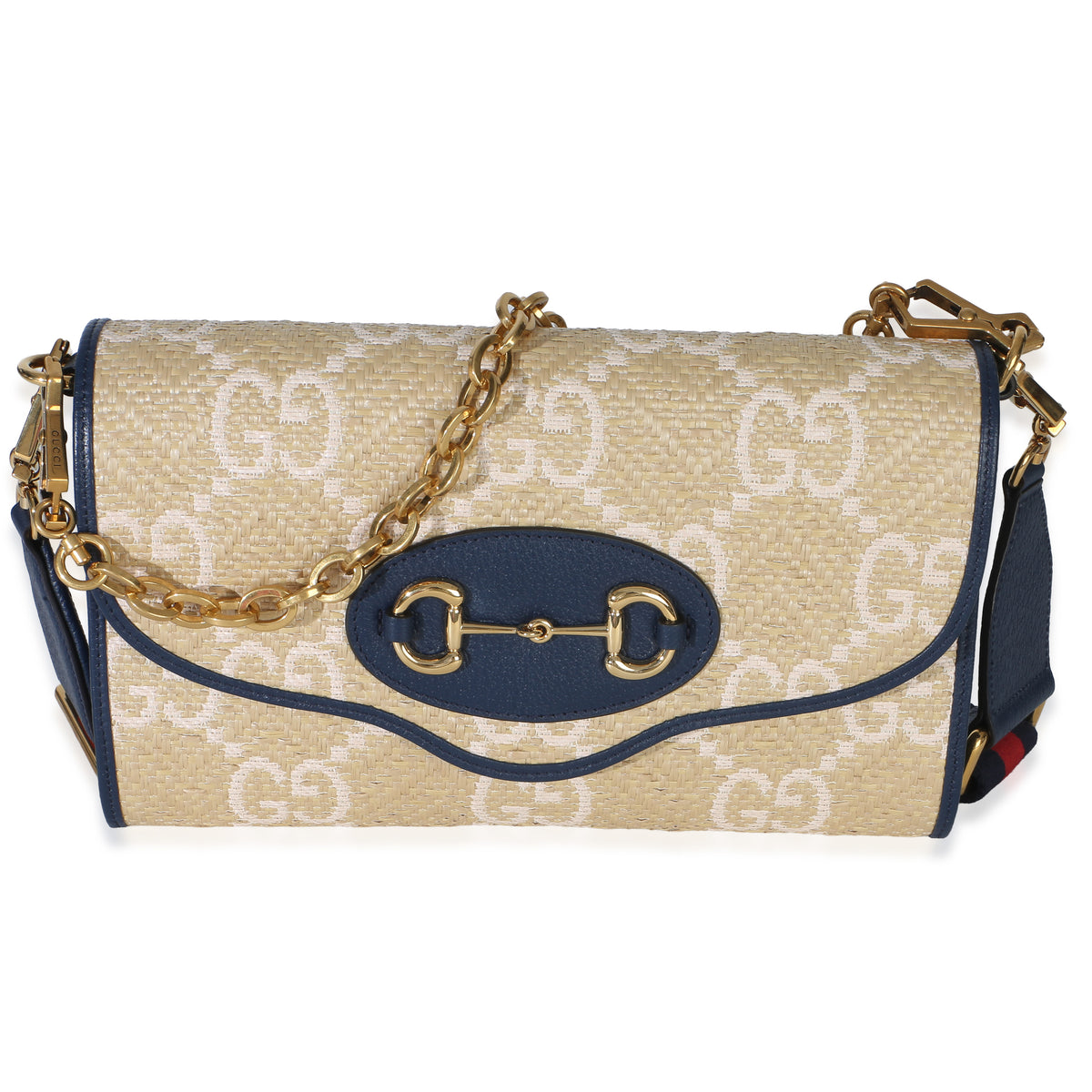 Gucci Blue Beige Raffia 1955 Horsebit Shoulder Bag Handbag id