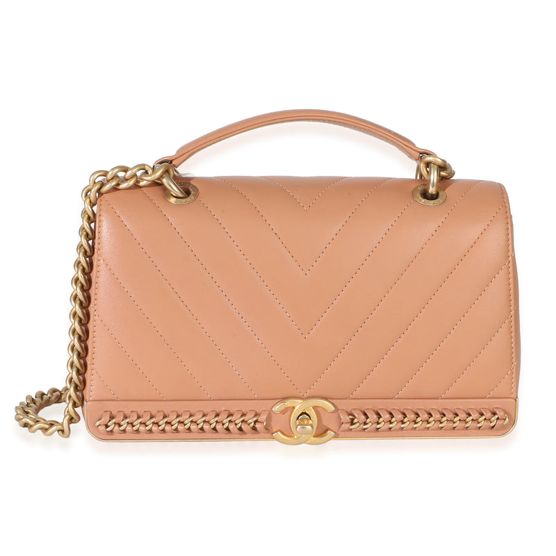 Chanel Beige Chevron Lambskin Stitched Chain Flap Bag Handbag id