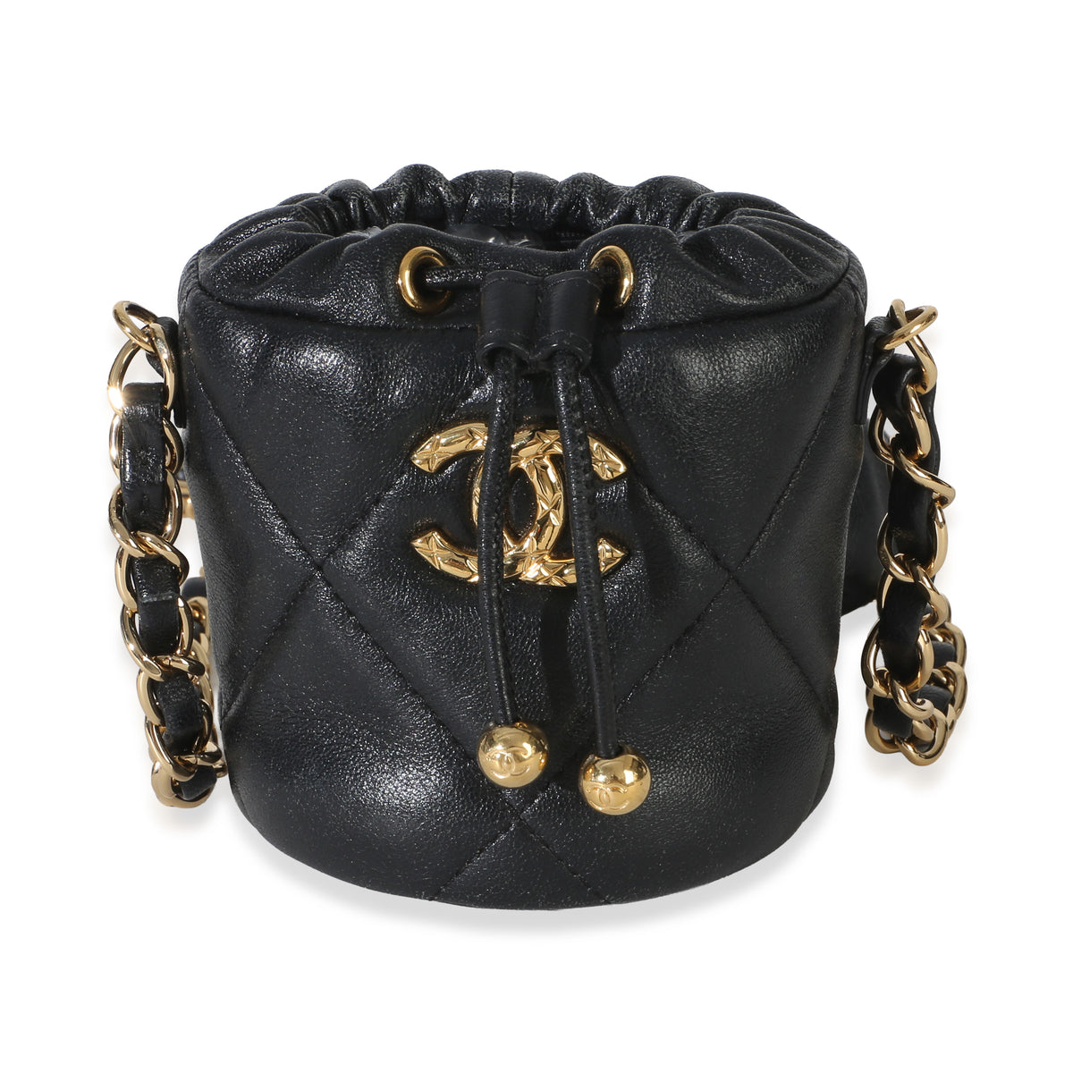 Chanel Black Quilted Lambskin Micro Bucket Bag Handbag fv