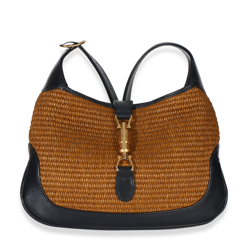 Gucci Black Natural Straw Boarded Dyana Lux Calfskin Small Jackie 1961 Hobo Handbag id