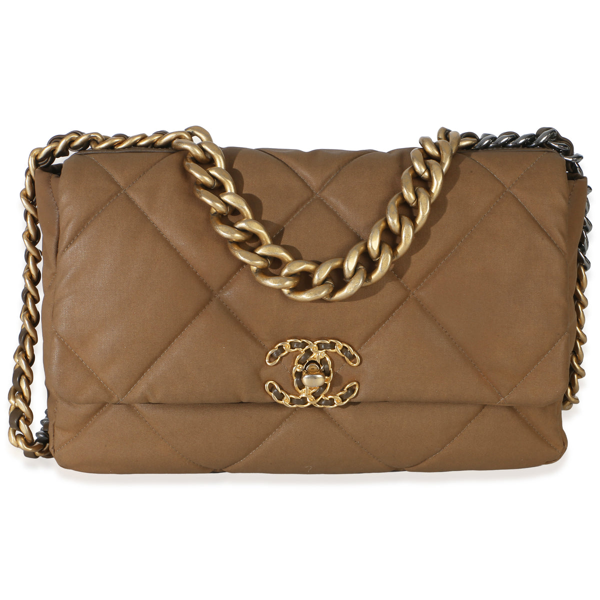 Chanel Brown Quilted Canvas Large  19 Flap Bag Handbag fv