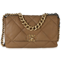 Chanel Brown Quilted Canvas Large  19 Flap Bag Handbag fv