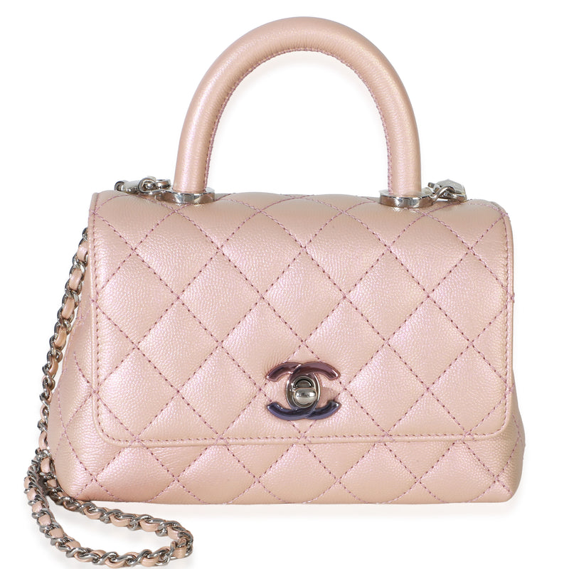 Chanel Light Pink Iridescent Quilted Caviar Mini Coco Top Handle Flap Bag Handbag id