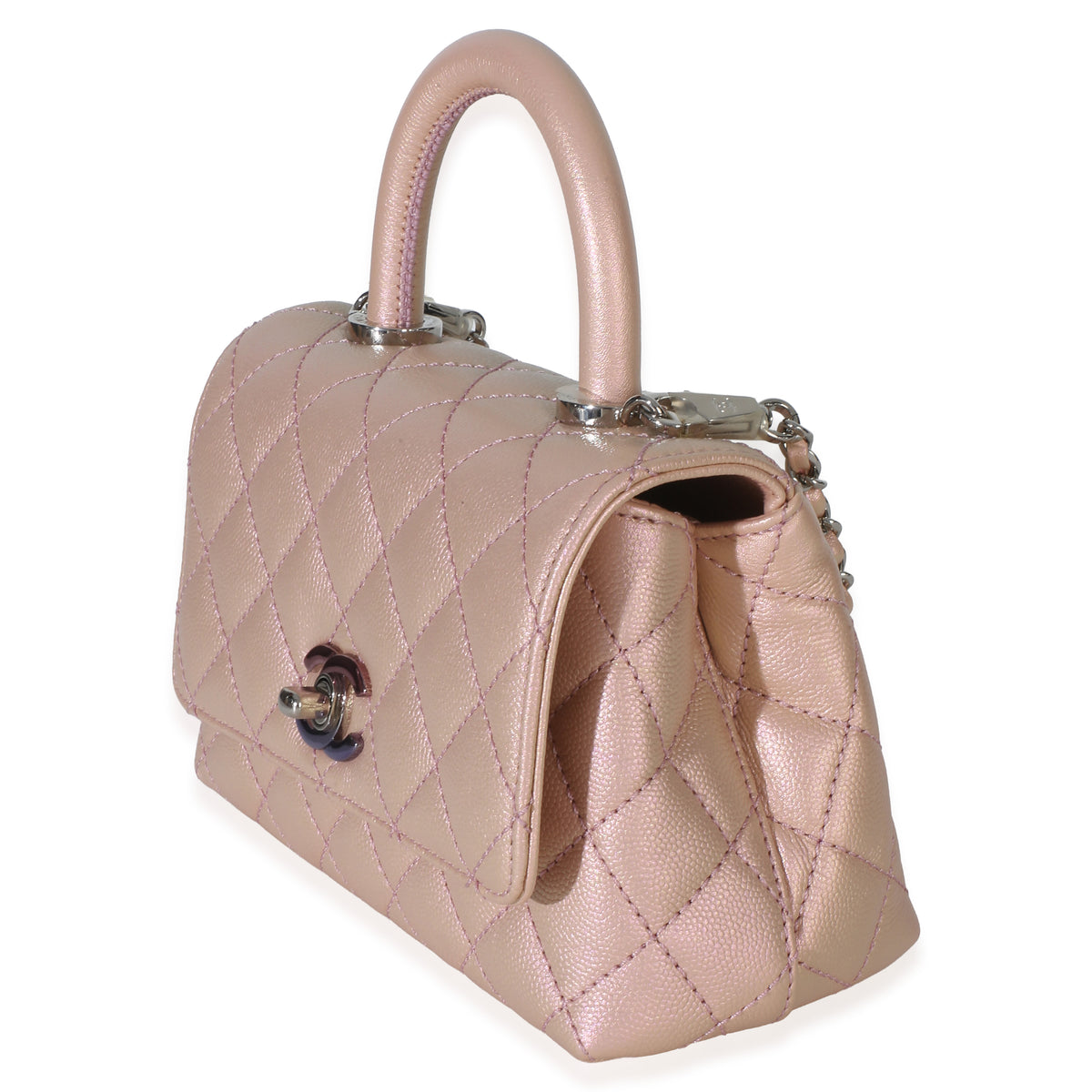 Chanel Light Pink Iridescent Quilted Caviar Mini Coco Top Handle Flap Bag Handbag 2