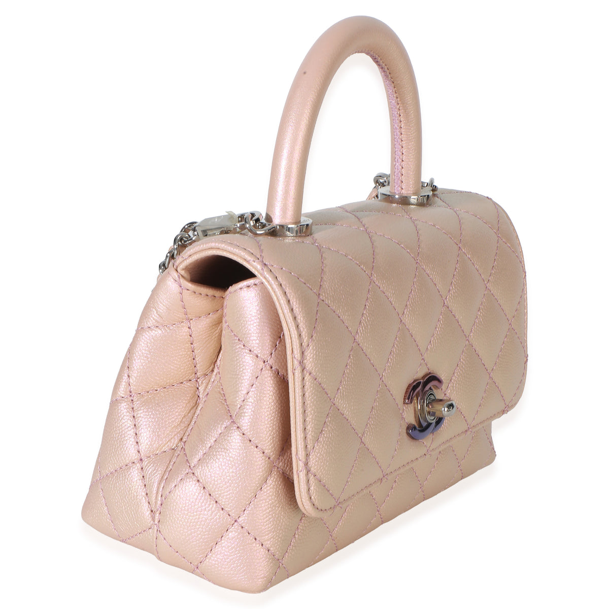 Chanel Light Pink Iridescent Quilted Caviar Mini Coco Top Handle Flap Bag Handbag 3