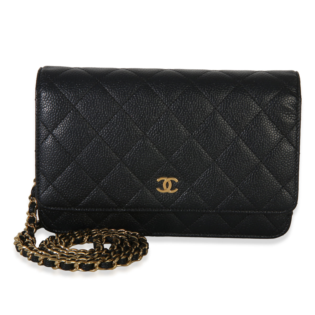 Chanel Black Quilted Caviar Classic Wallet On Chain Handbag fv
