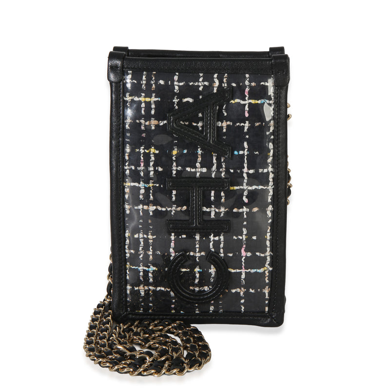 Chanel Black Tweed PVC Calfskin Logo Clutch With Chain Handbag id