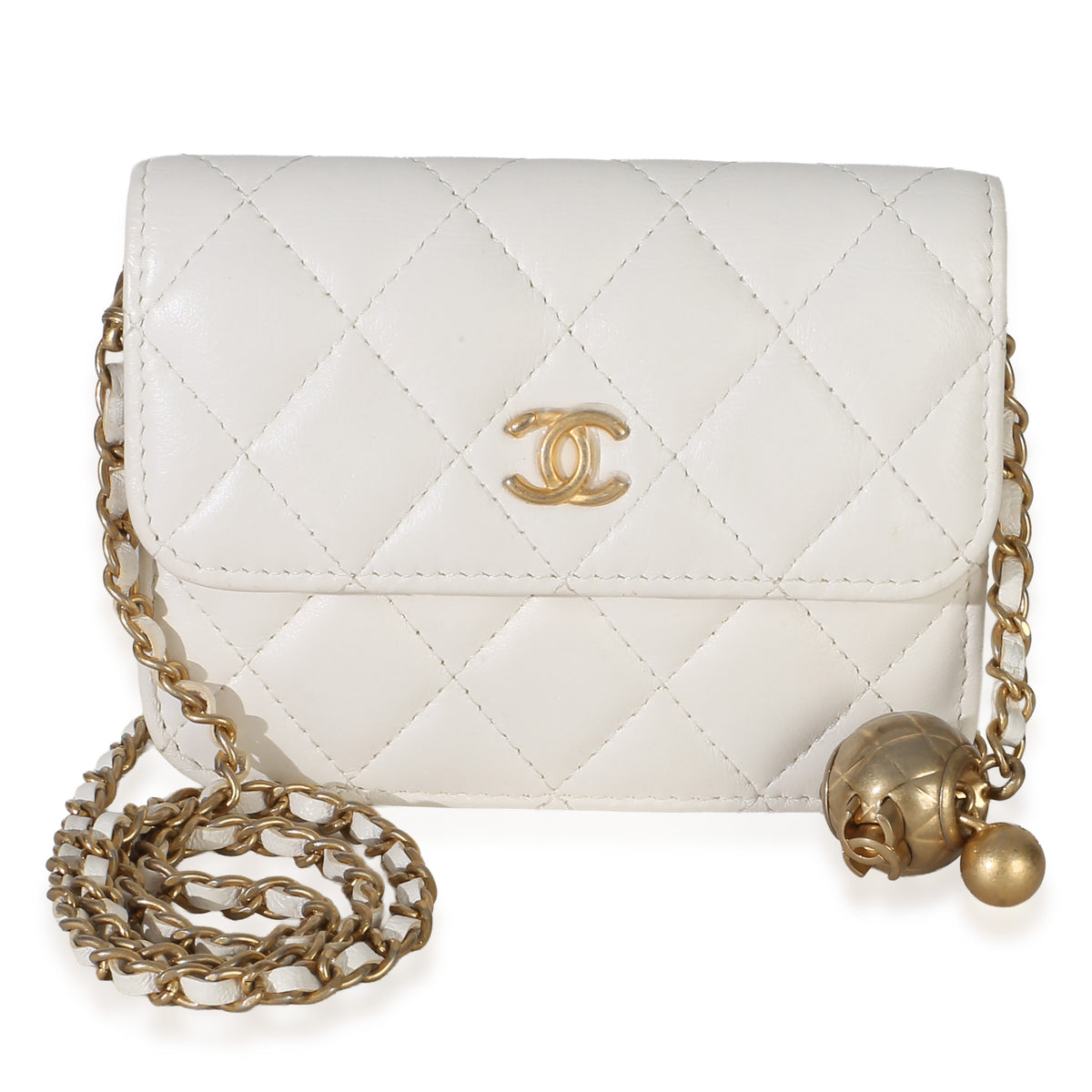 Chanel White Quilted Lambskin Pearl Crush Clutch With Chain Handbag fv