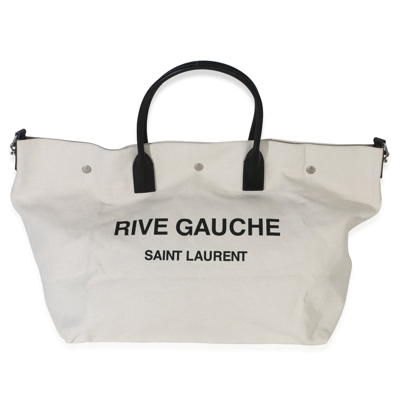 Saint Laurent Black Beige Linen Rive Gauche Maxi Tote Handbag id