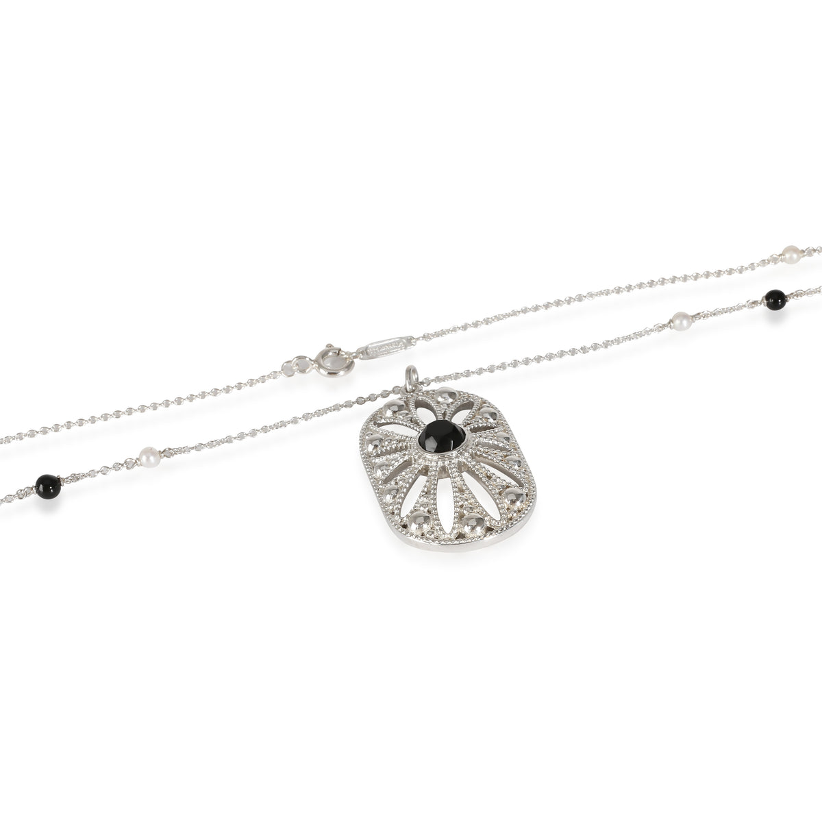 Tiffany & Co. Sterling Silver Onyx and Pearl Ziegfeld Pendant Necklace