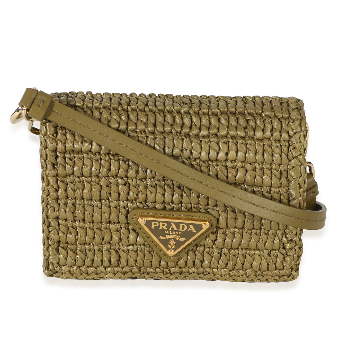 Prada Olive Crochet Raffia Effect Metal Triangle Logo Card Holder Wallet id