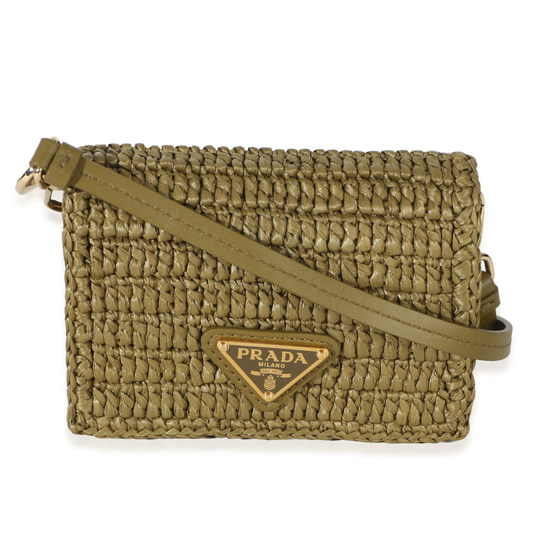 Prada Olive Crochet Raffia Effect Metal Triangle Logo Card Holder Wallet id
