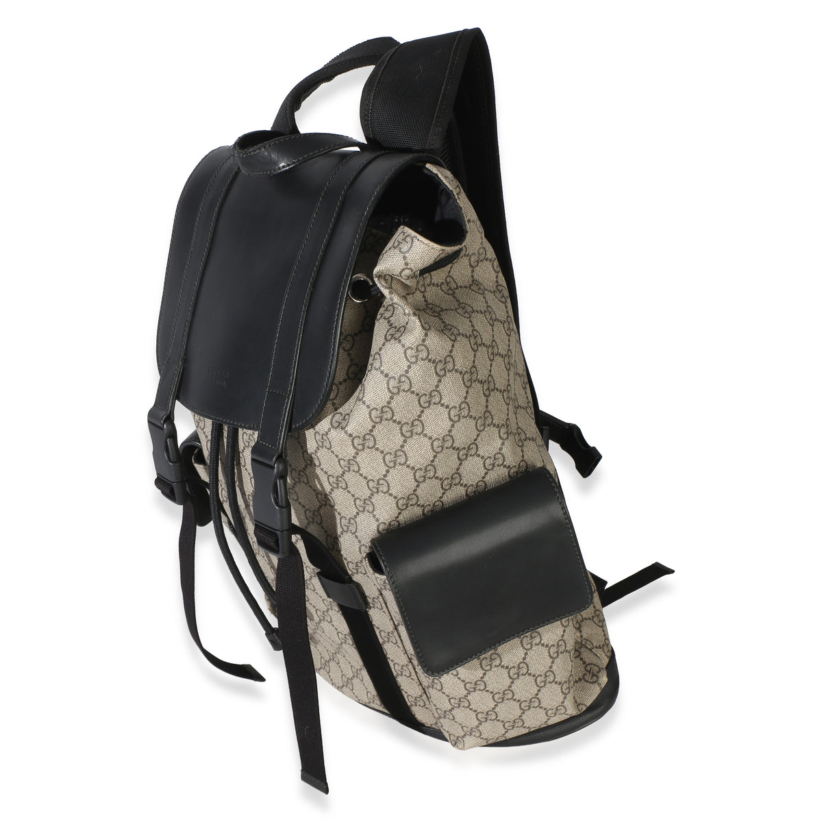 Gucci Beige Black GG Supreme Canvas Double Buckle Backpack Handbag 2