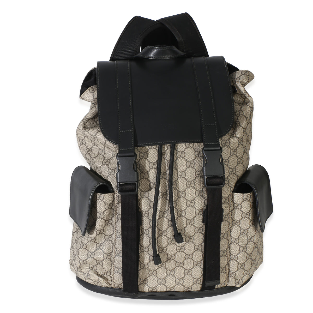 Gucci Beige Black GG Supreme Canvas Double Buckle Backpack Handbag fv