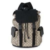 Gucci Beige Black GG Supreme Canvas Double Buckle Backpack Handbag fv