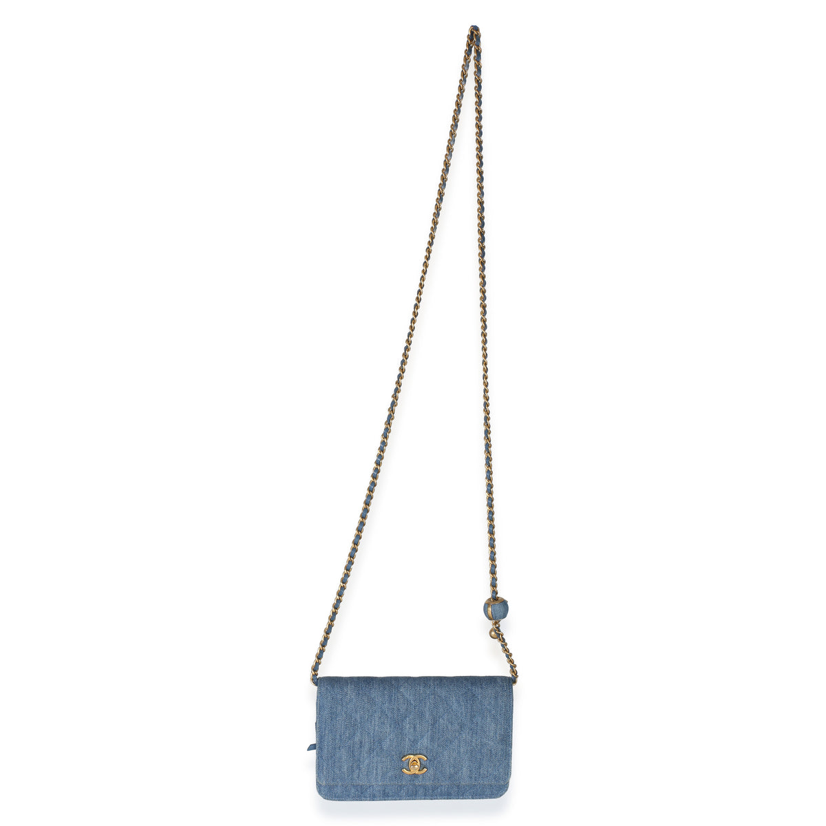 Chanel Blue Denim Quilted CC Pearl Crush Wallet On Chain Handbag 8