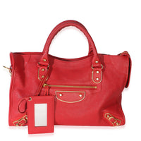 Balenciaga Red Chevre Gold Metallic Edge Small City Bag Handbag id