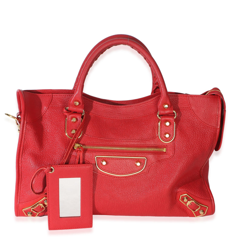 Balenciaga Red Chevre Gold Metallic Edge Small City Bag Handbag id