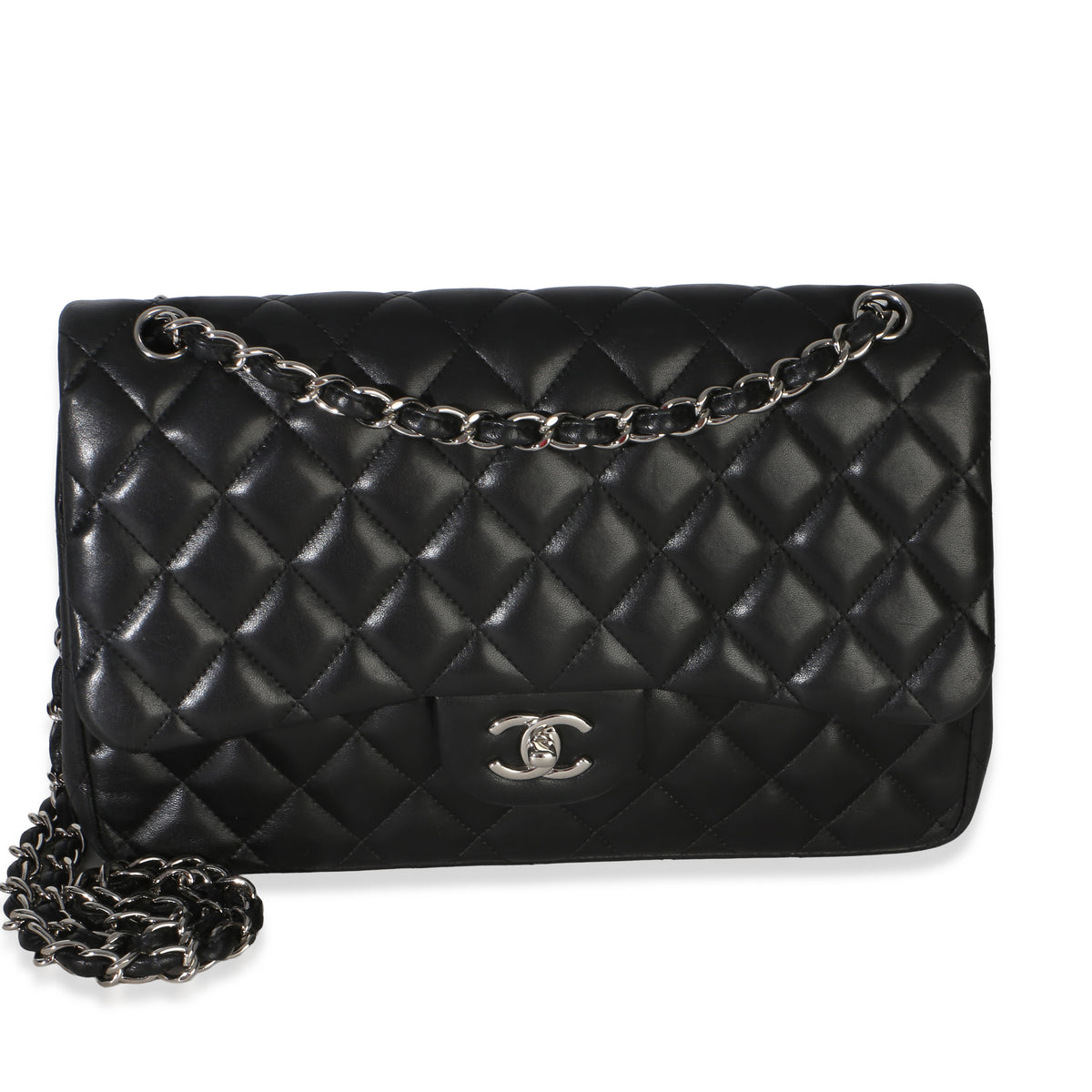 Chanel Black Quilted Lambskin Jumbo Double Flap Bag Handbag fv