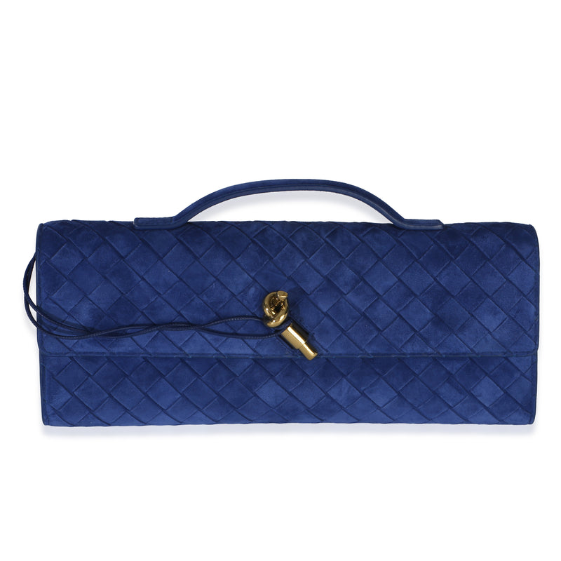 Bottega Veneta Blue Suede Nappa Intrecciato Long Andiamo Top Handle Clutch Handbag id