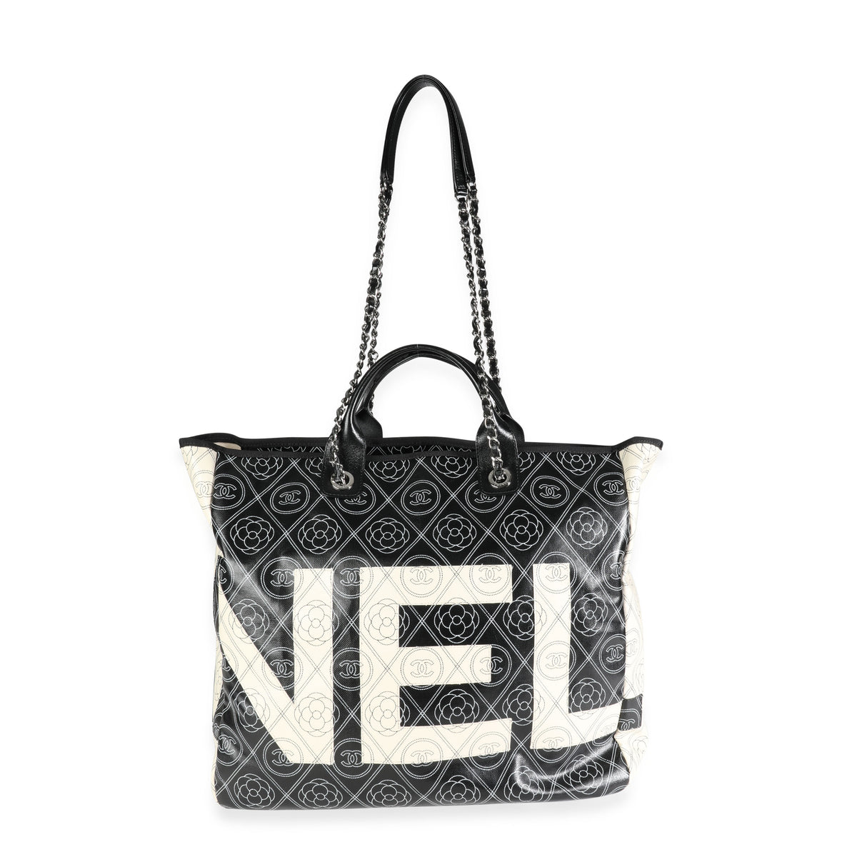 Chanel Black and Beige Coated Canvas and Leather Camellia & CC Print Shopper Tot Handbag bv