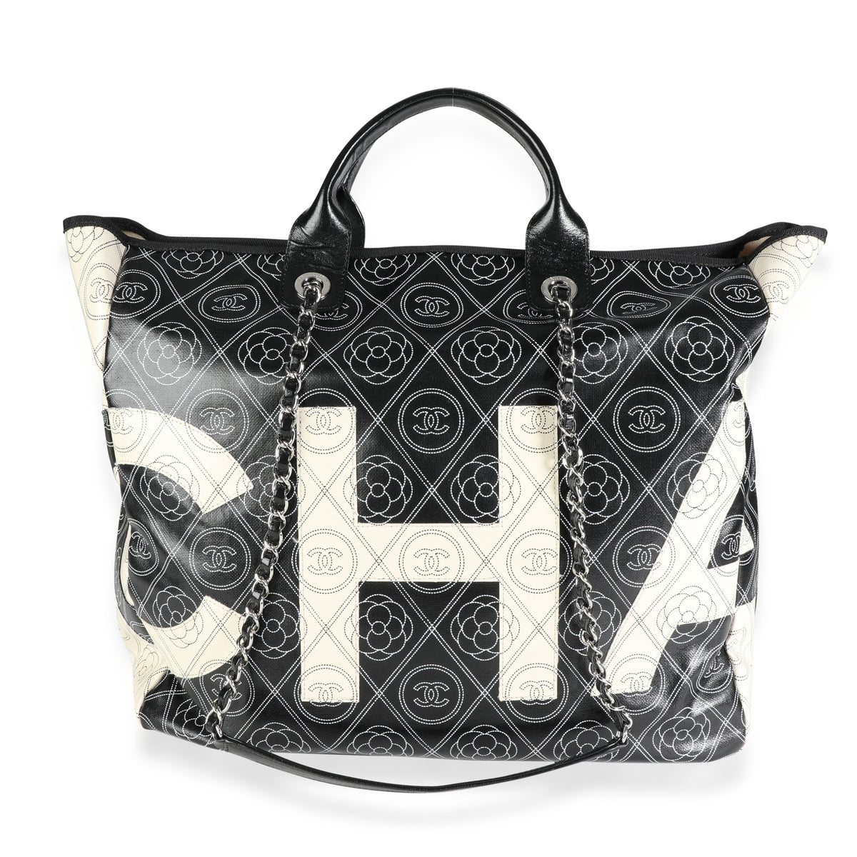 Chanel Black and Beige Coated Canvas and Leather Camellia & CC Print Shopper Tot Handbag pv
