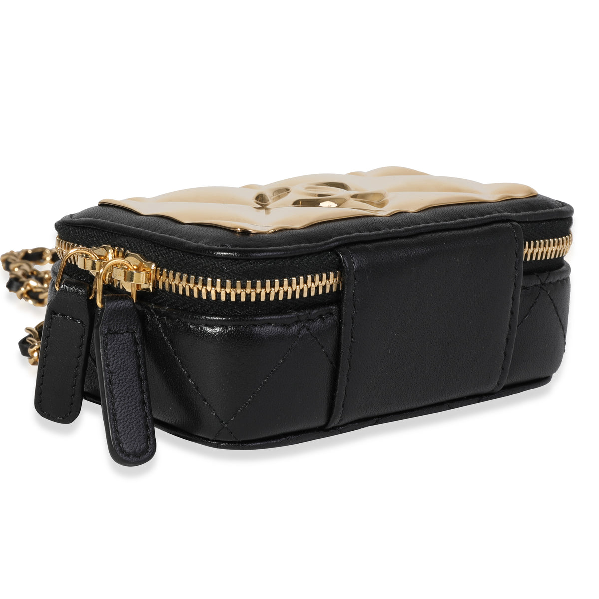 Chanel Gold Quilted Metal & Black Lambskin Mini Vanity Bag Handbag clasp