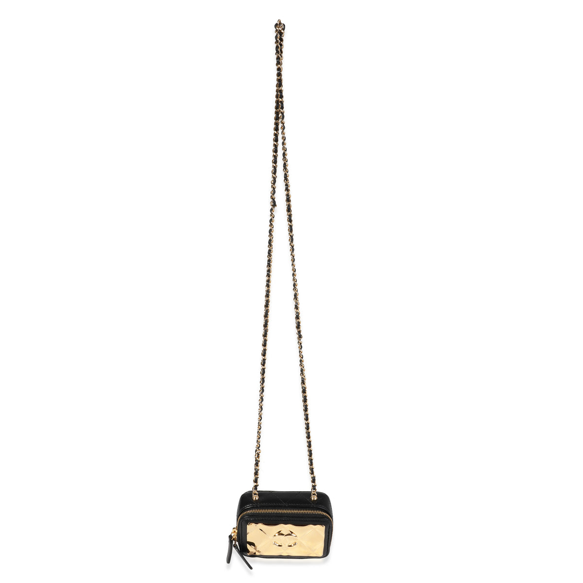 Chanel Gold Quilted Metal & Black Lambskin Mini Vanity Bag Handbag bv
