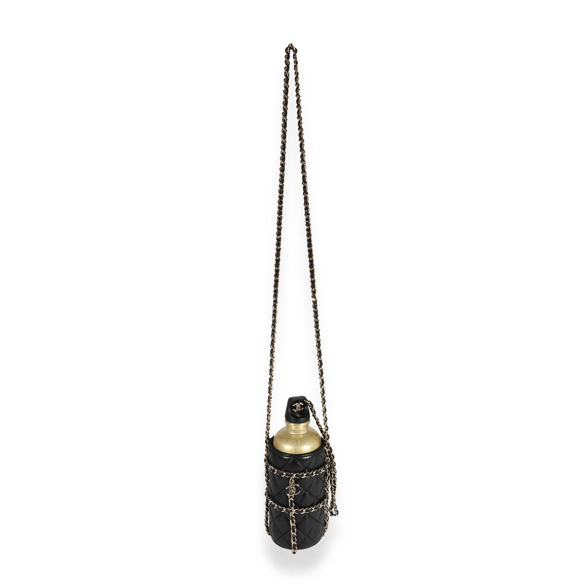 Chanel Gold Metal Water Bottle & Black Quilted Lambskin Holder Handbag box