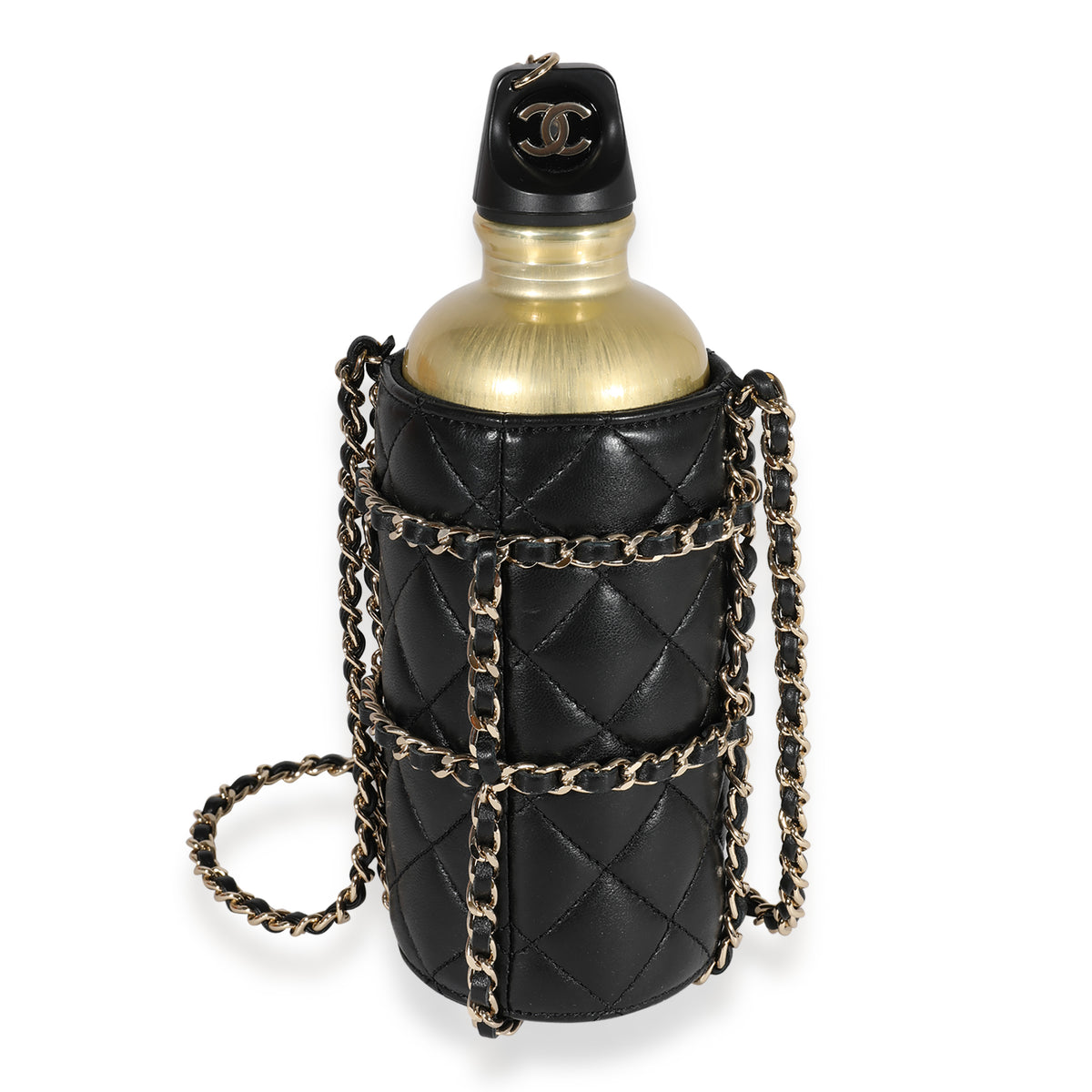 Chanel Gold Metal Water Bottle & Black Quilted Lambskin Holder Handbag fv