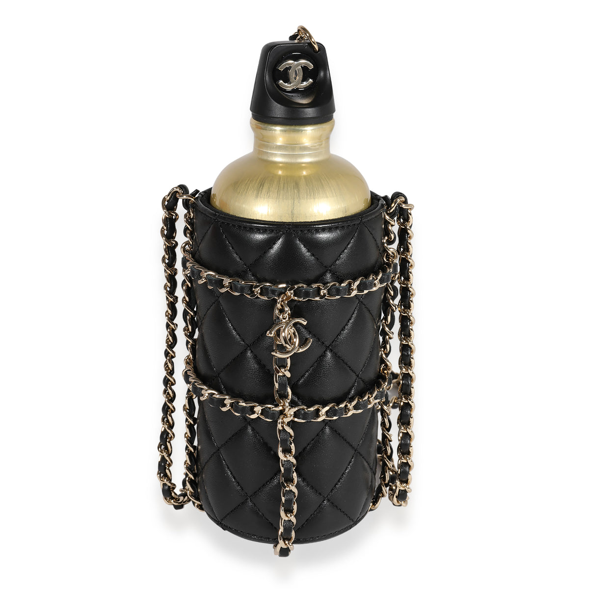 Chanel Gold Metal Water Bottle & Black Quilted Lambskin Holder Handbag sv